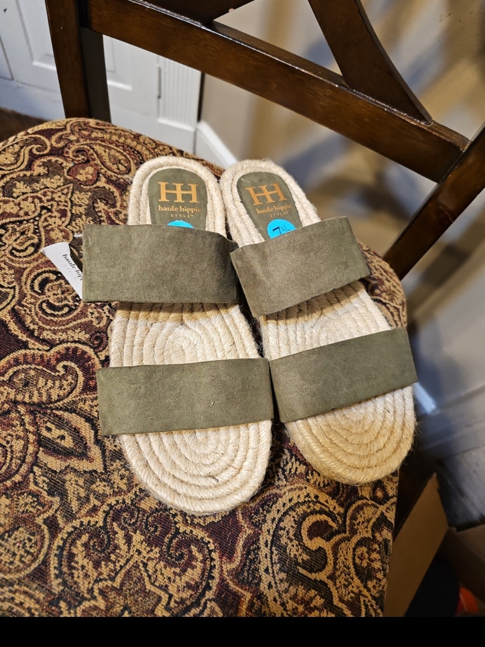 Haute Hippie Olive Suede Double Strap Espadrille Slides